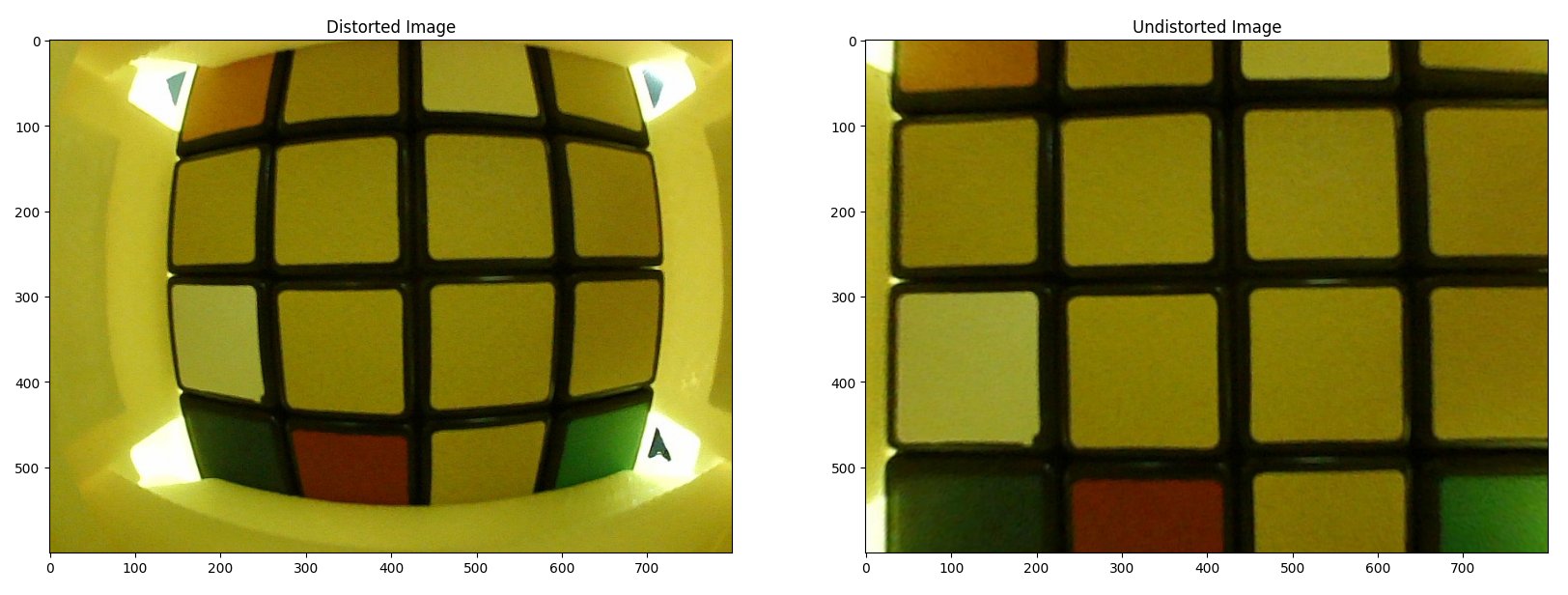 An image of a rubiks cube with wide angle lens distortion on the left and undistorted on the right. This kind of radial distortion is common in camera calibration for robotics.