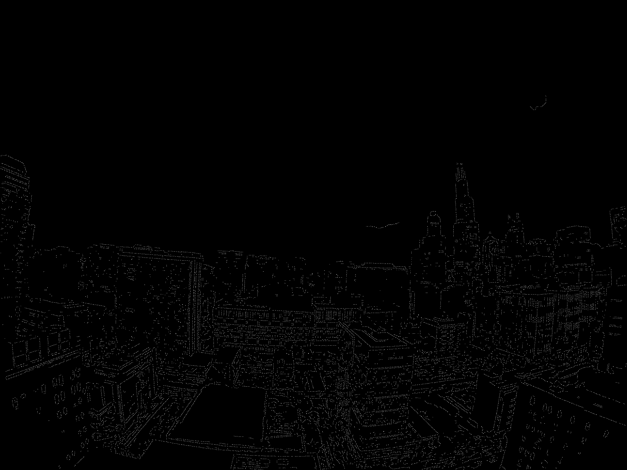 The result of running the Canny edge detection algorithm on the distorted image of the Chicago skyline. This is the custom Canny algorithm as defined in the paper linked throughout the article.